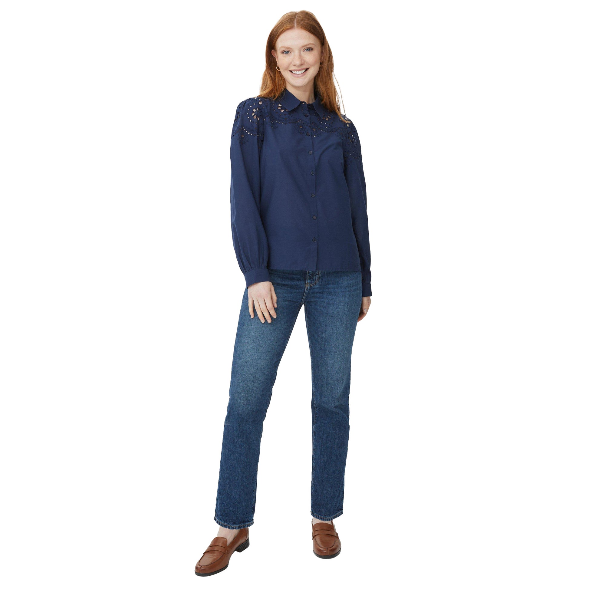 Navy - Side - Maine Womens-Ladies Broderie Long-Sleeved Shirt