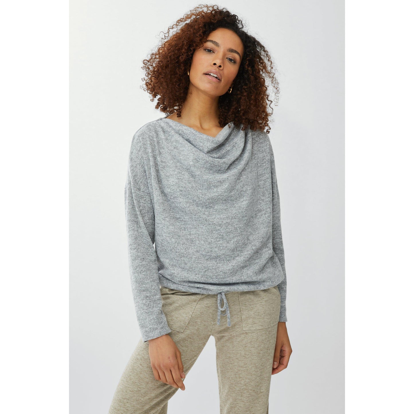 Grey Marl - Front - Maine Womens-Ladies Jersey Knit Cowl Neck Long-Sleeved Top