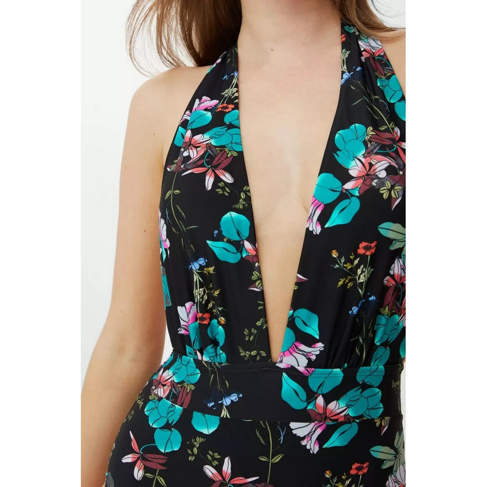 Black - Side - Debenhams Womens-Ladies Floral V Neck One Piece Swimsuit