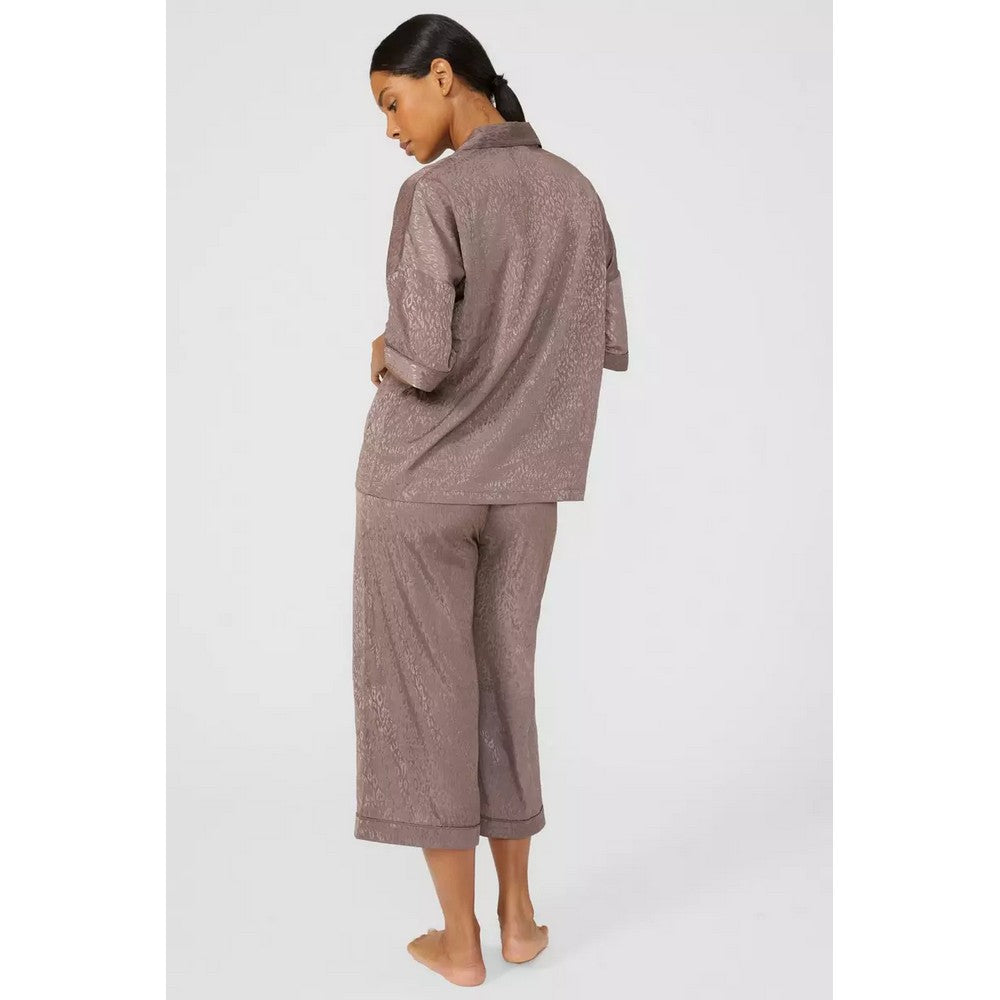 Chocolate - Back - Debenhams Womens-Ladies Animal Print Satin Cropped Short-Sleeved Pyjama Set