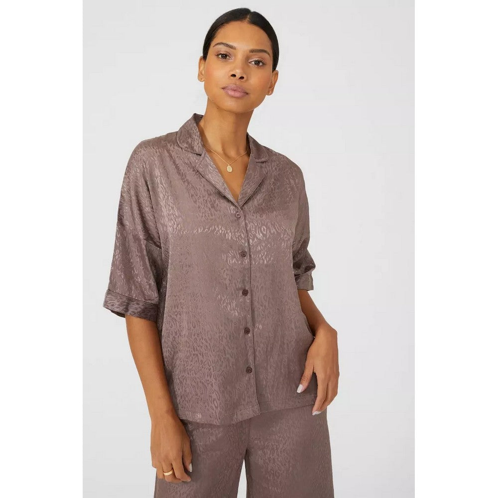 Chocolate - Side - Debenhams Womens-Ladies Animal Print Satin Cropped Short-Sleeved Pyjama Set