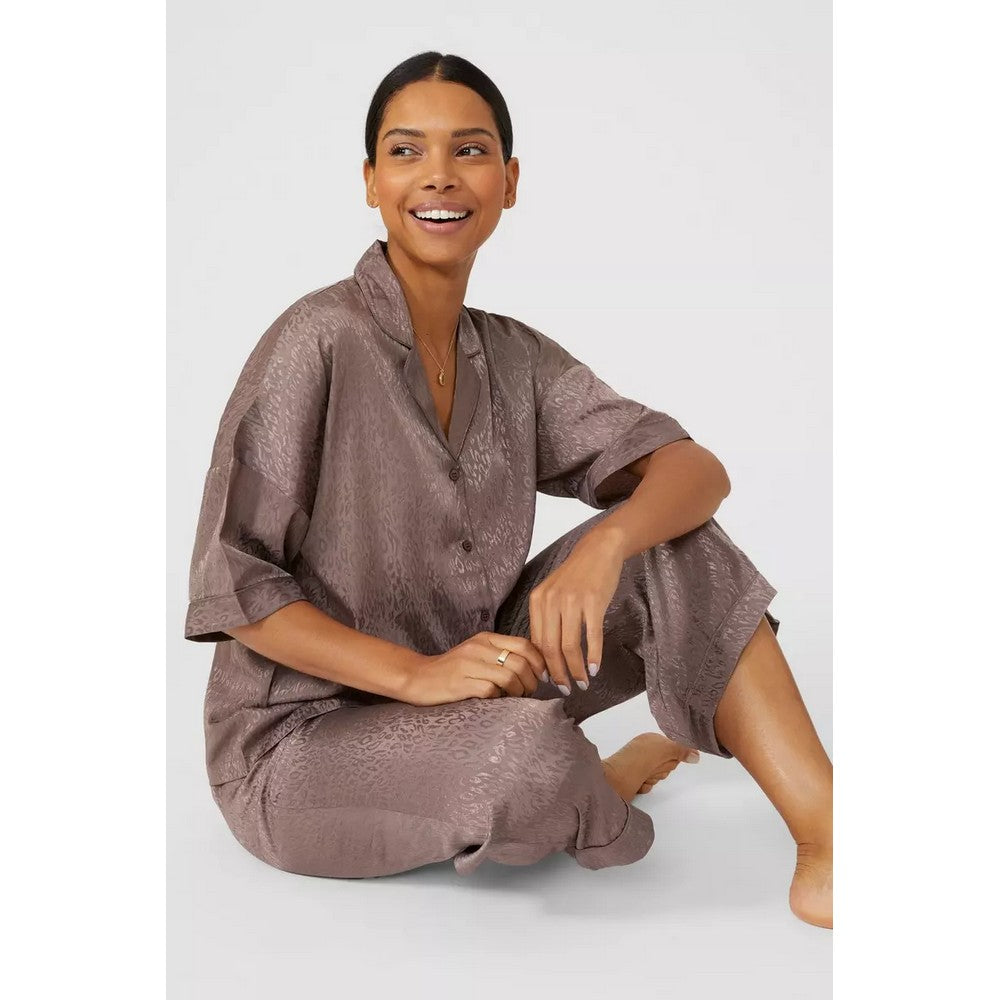 Chocolate - Pack Shot - Debenhams Womens-Ladies Animal Print Satin Cropped Short-Sleeved Pyjama Set