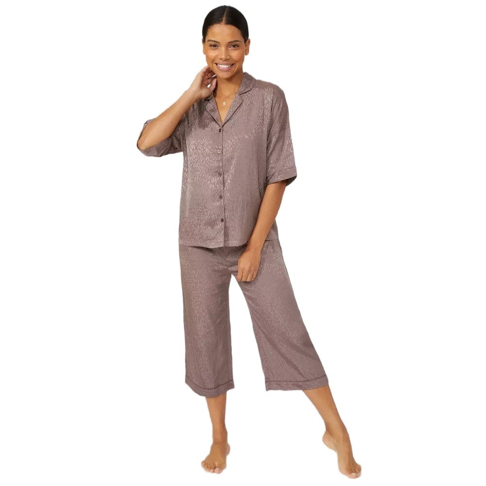 Chocolate - Front - Debenhams Womens-Ladies Animal Print Satin Cropped Short-Sleeved Pyjama Set