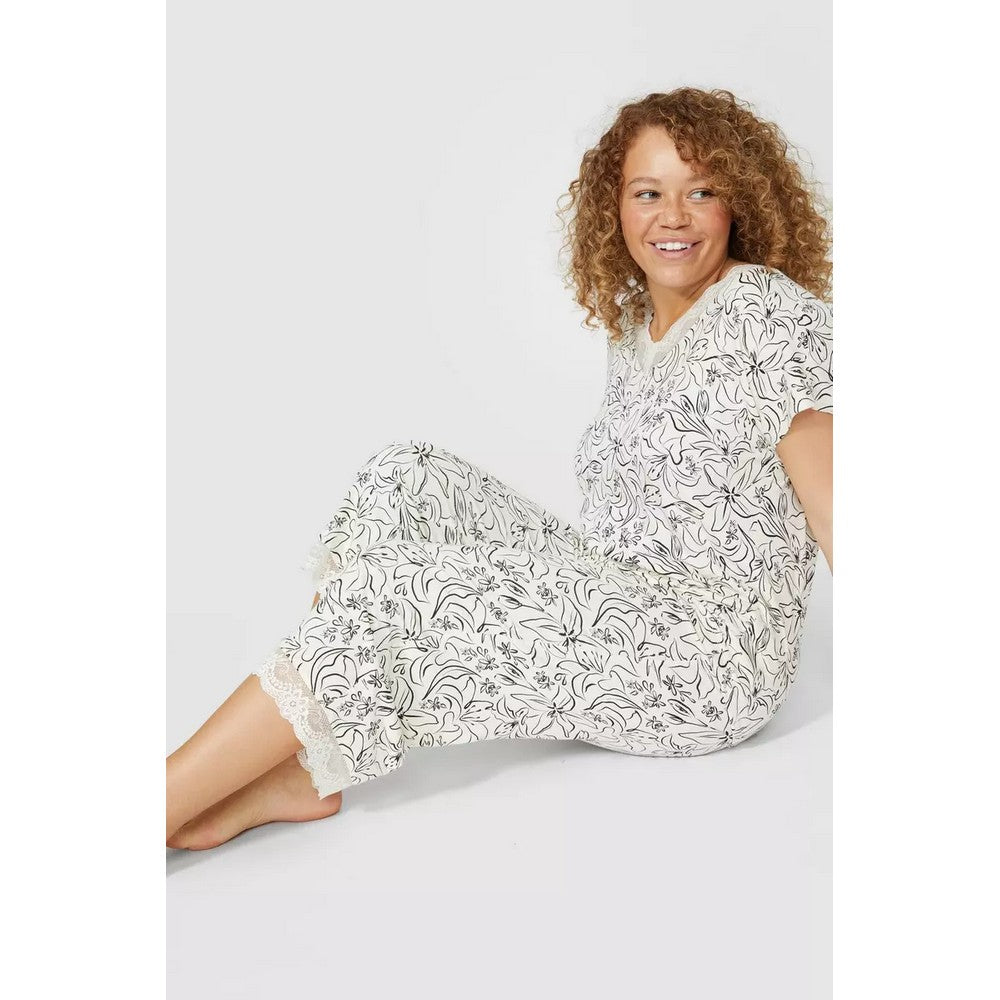 Oatmeal - Side - Debenhams Womens-Ladies Sketchy Floral Lace Detail Pyjama Set