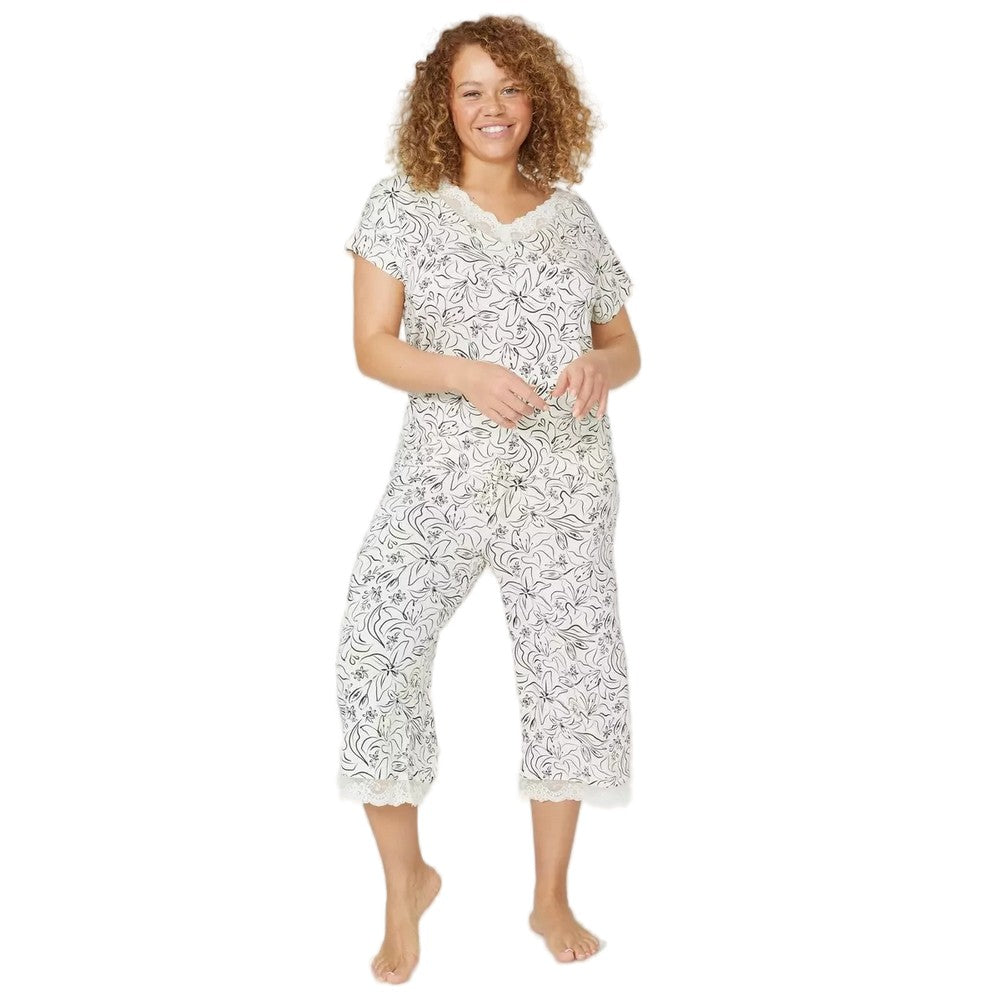Oatmeal - Front - Debenhams Womens-Ladies Sketchy Floral Lace Detail Pyjama Set