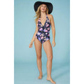 Navy-Pink - Pack Shot - Debenhams Womens-Ladies Floral Halter Neck One Piece Swimsuit
