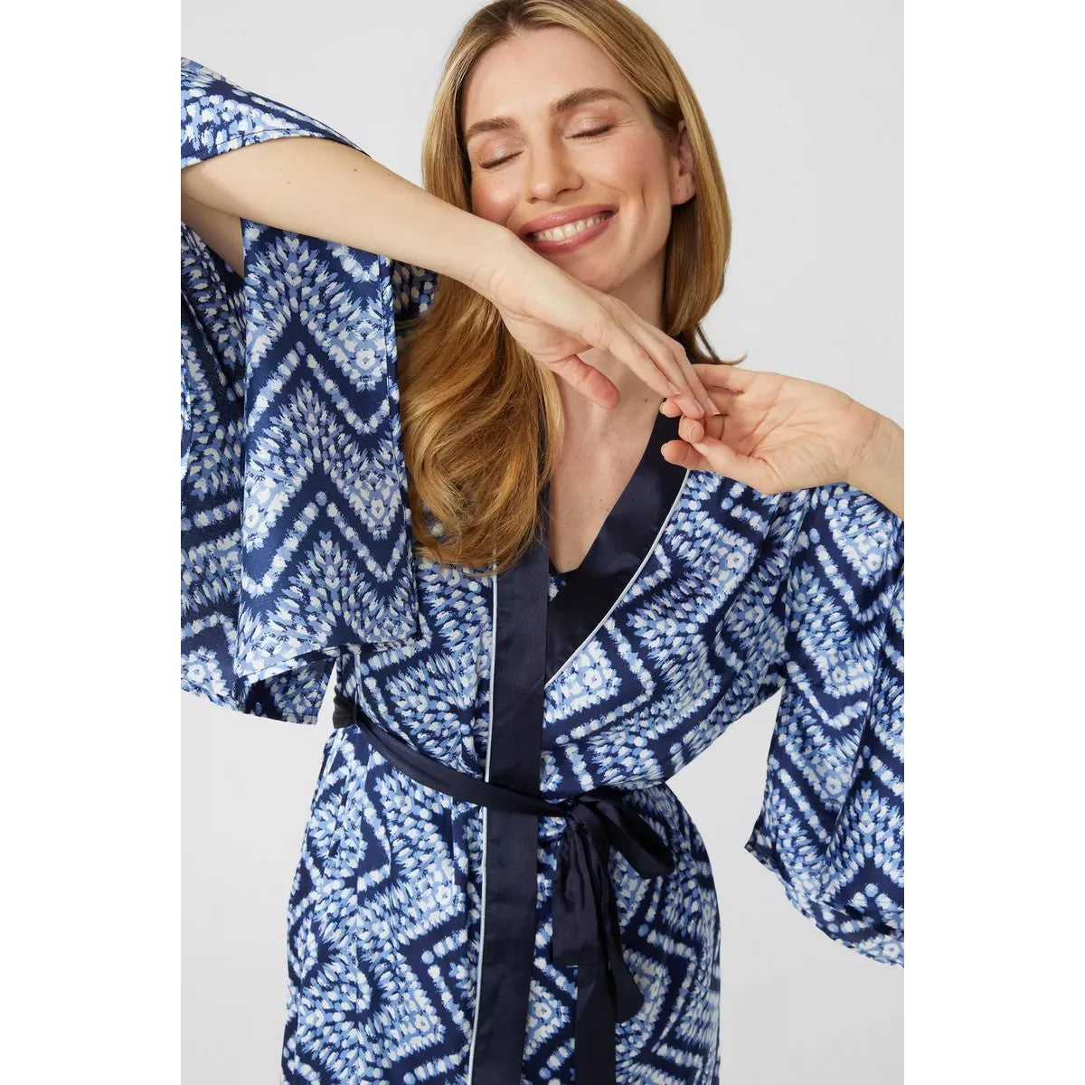 Blue - Side - Debenhams Womens-Ladies Satin Midi Dressing Gown