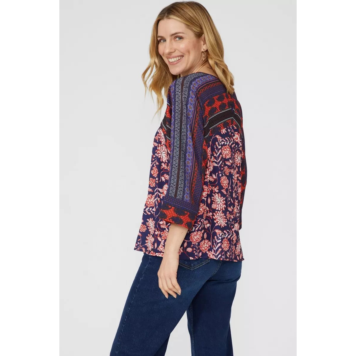 Navy - Back - Mantaray Womens-Ladies Bordered Top