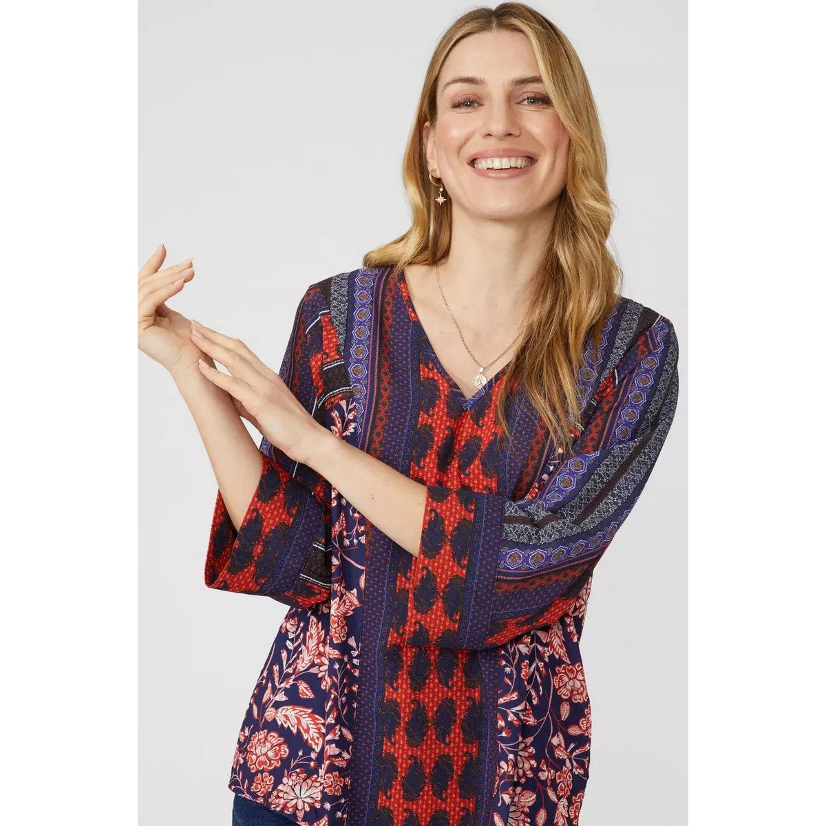 Navy - Side - Mantaray Womens-Ladies Bordered Top