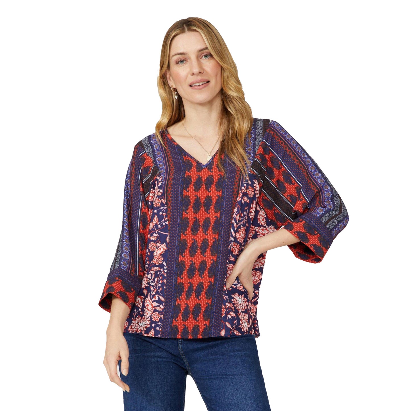 Navy - Front - Mantaray Womens-Ladies Bordered Top