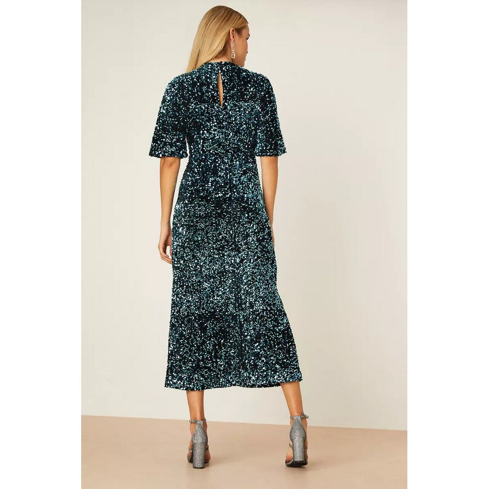 Green - Back - Dorothy Perkins Womens-Ladies Sequins Velvet Wrap Midi Dress