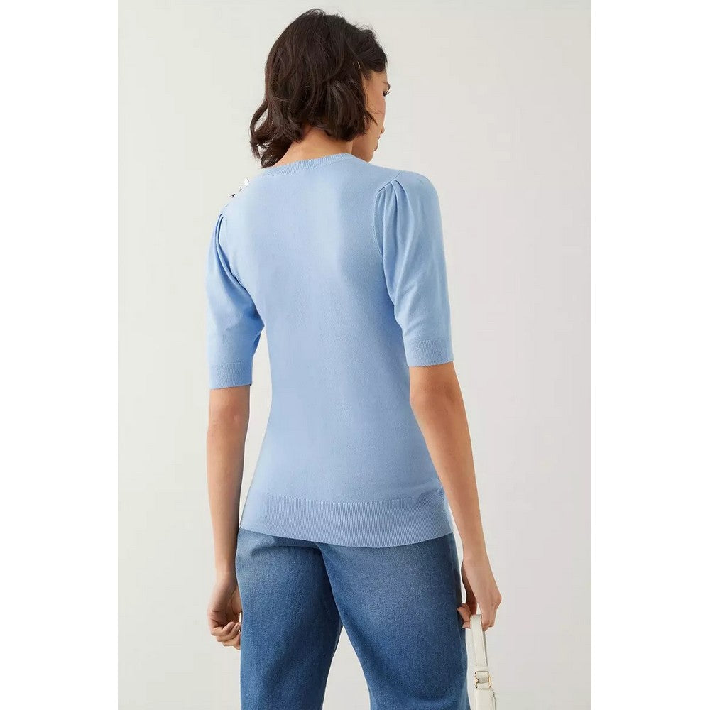 Blue - Back - Dorothy Perkins Womens-Ladies Knitted Button Detail Tall Half-Sleeved Top