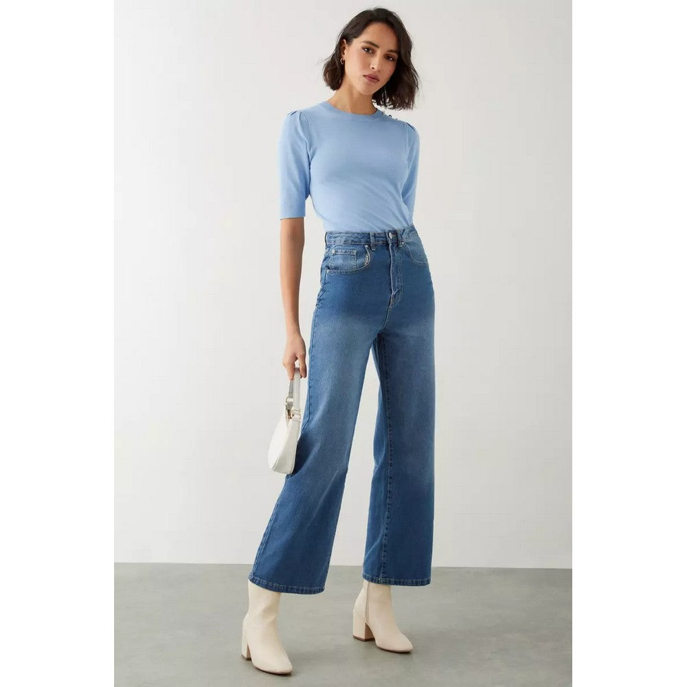 Blue - Side - Dorothy Perkins Womens-Ladies Knitted Button Detail Tall Half-Sleeved Top