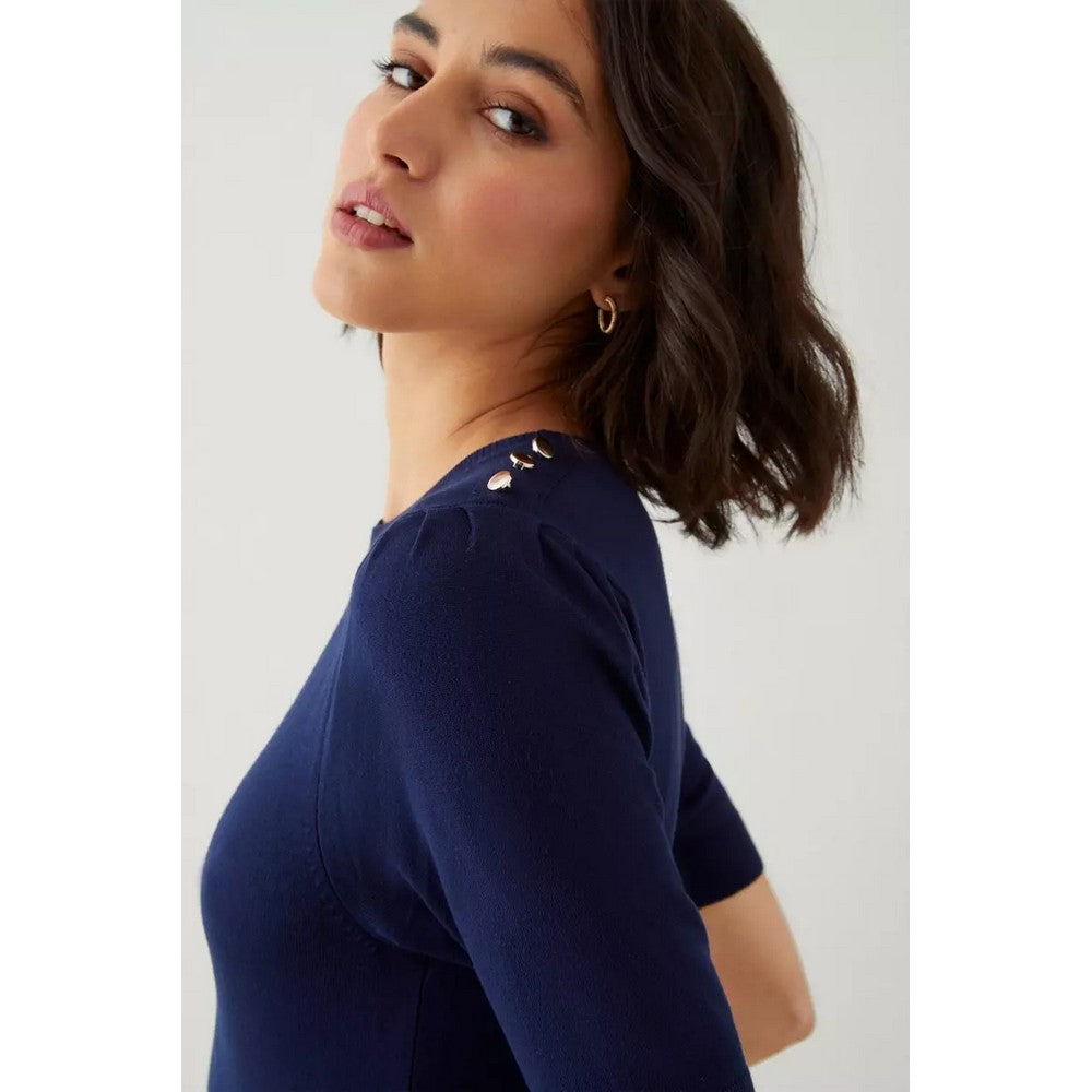 Navy - Side - Dorothy Perkins Womens-Ladies Knitted Button Detail Tall Half-Sleeved Top