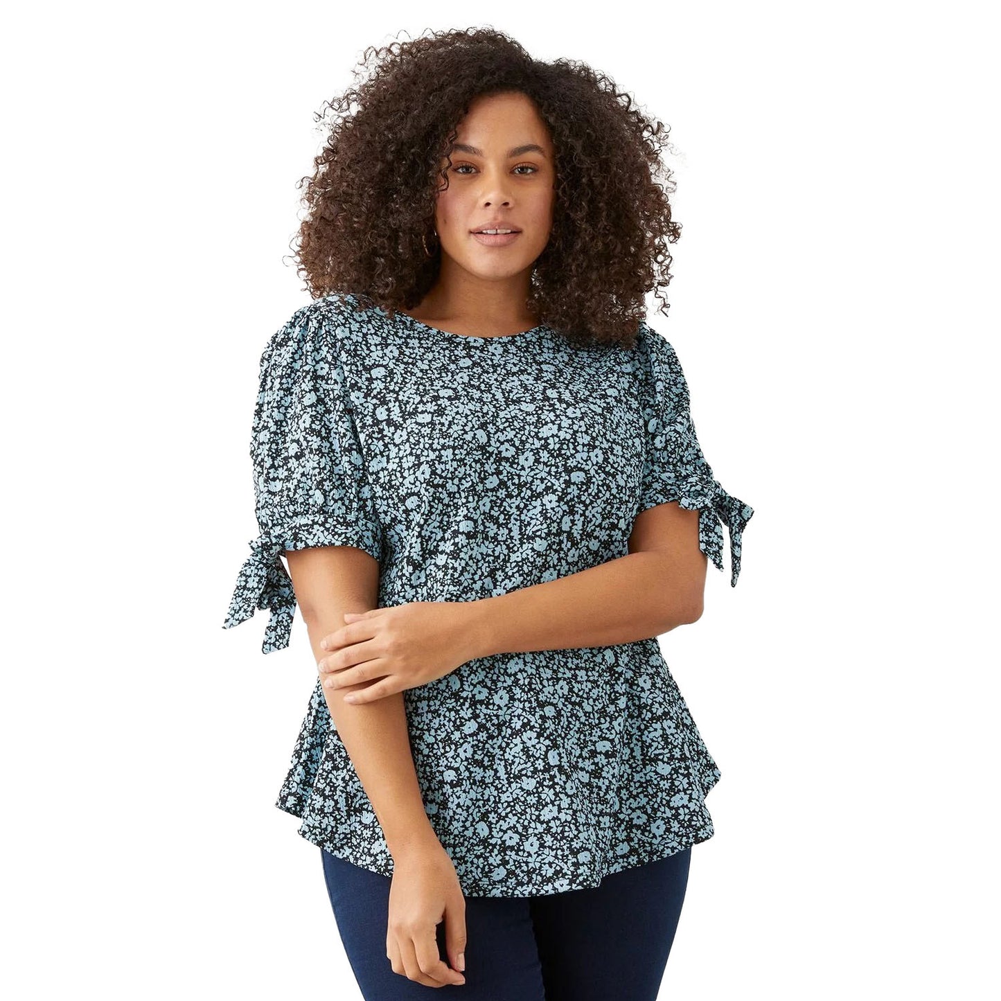 Blue - Front - Dorothy Perkins Womens-Ladies Floral Curved Hem Plus Tie Sleeves Top