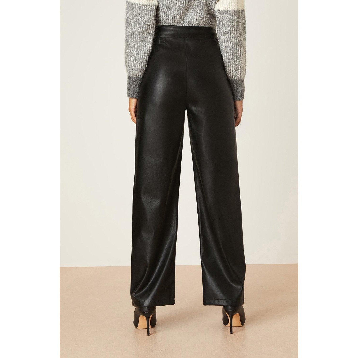 Black - Back - Dorothy Perkins Womens-Ladies Faux Leather Wide Leg Trousers