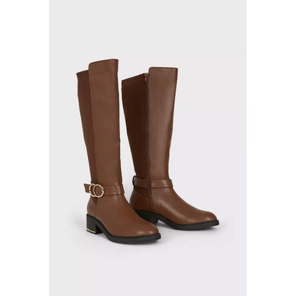 Chocolate - Side - Dorothy Perkins Womens-Ladies Kenya Buckle Detail Wide Calf Boots