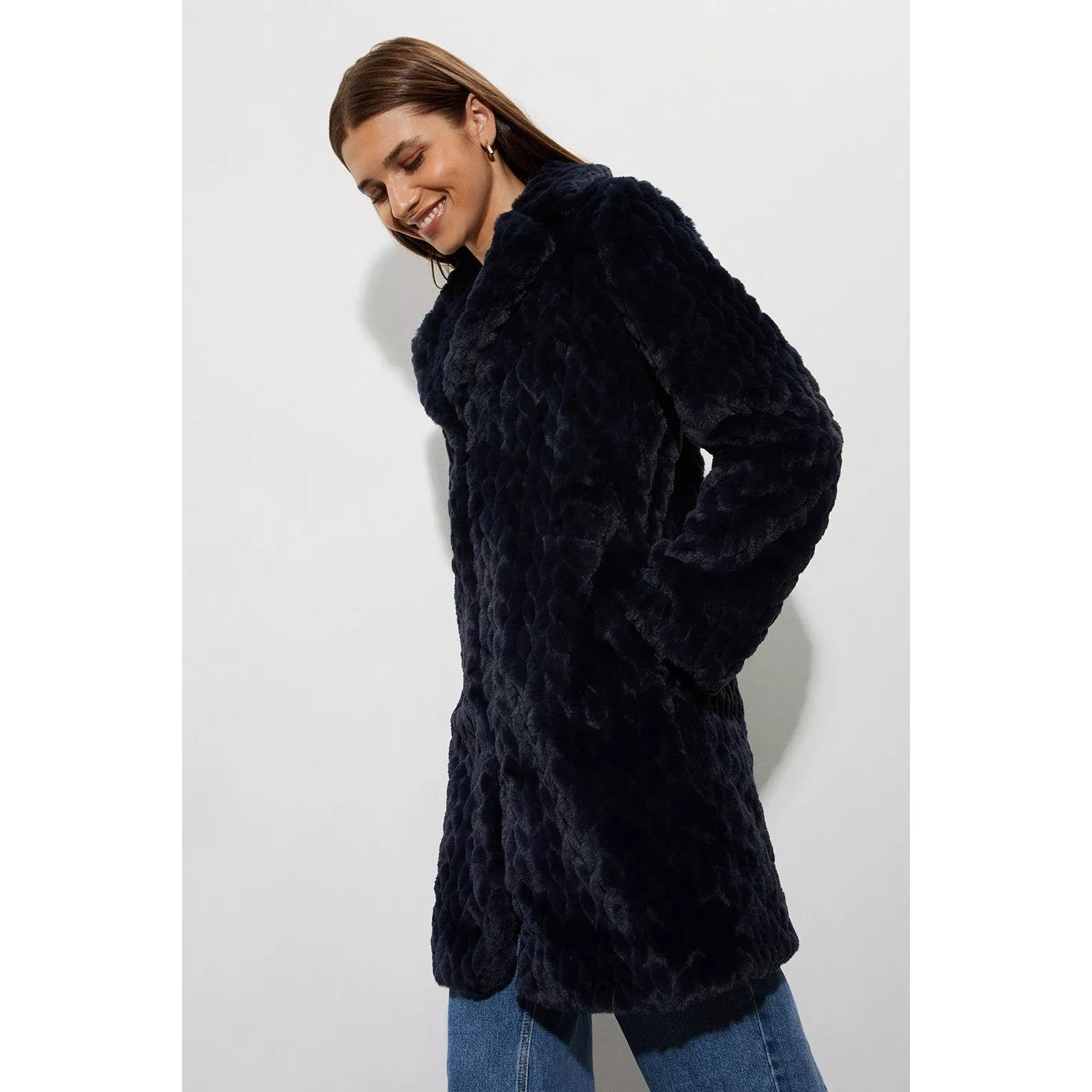 Midnight - Pack Shot - Dorothy Perkins Womens-Ladies Textured Faux Fur Longline Coat