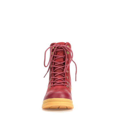 Burgundy-Yellow - Pack Shot - Muck Boots Womens-Ladies Liberty Leather Wedge Ankle Boots