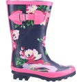 Navy-Pink - Back - Cotswold Girls Flower Wellington Boots