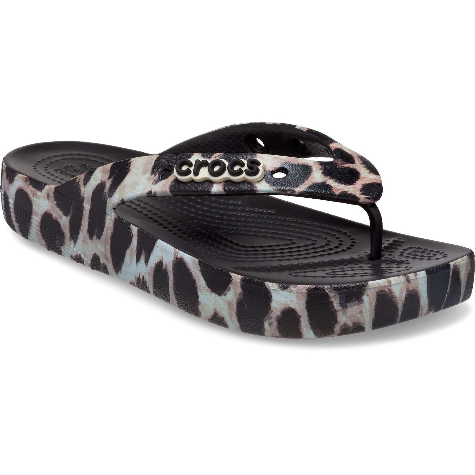Black-Brown - Front - Crocs Womens-Ladies Classic Leopard Print Flip Flops