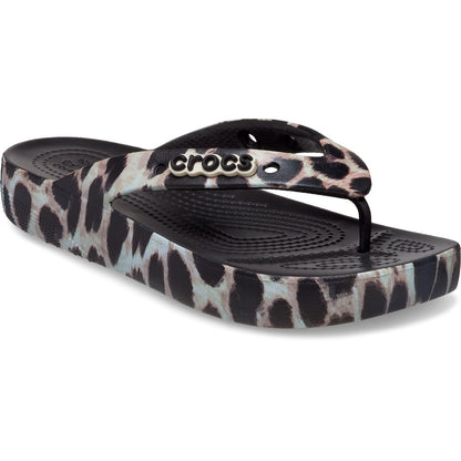 Black-Brown - Front - Crocs Womens-Ladies Classic Leopard Print Flip Flops