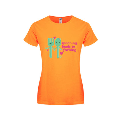 Apricot-Pink-Green - Front - Pop Factory Womens-Ladies Spooning Leads To Forking T-Shirt