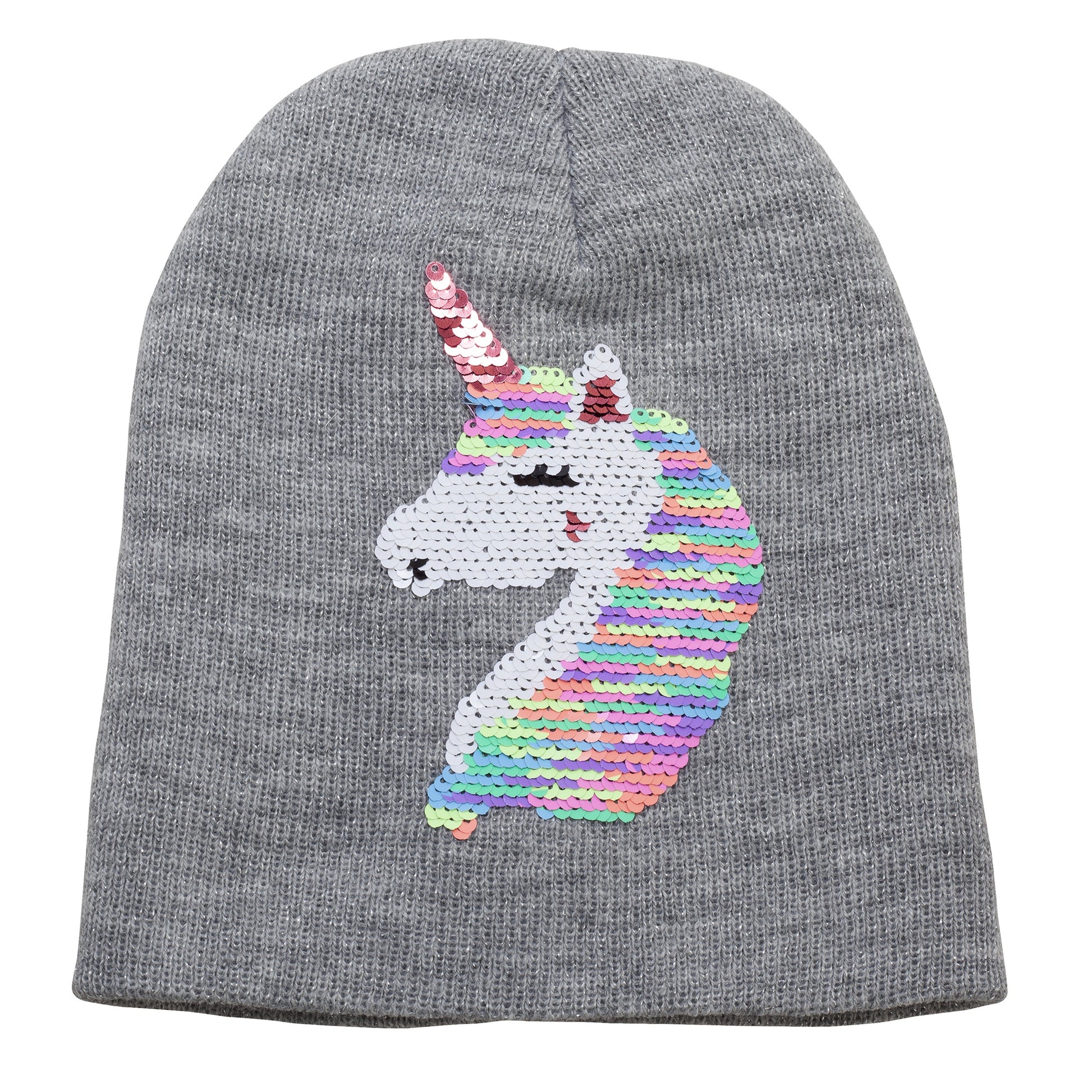 Grey - Back - Childrens Girls Reversible Unicorn Sequins Beanie Hat