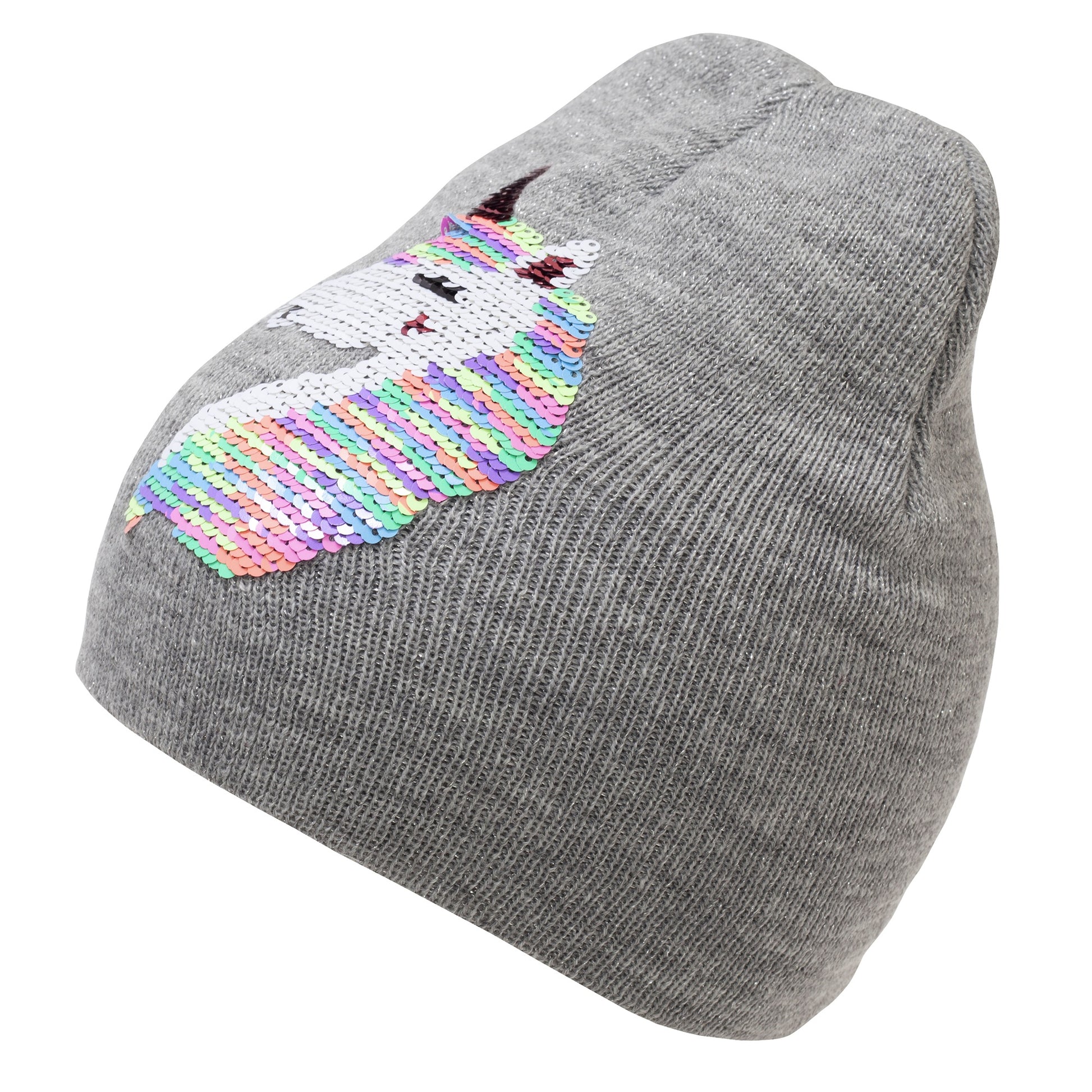 Grey - Front - Childrens Girls Reversible Unicorn Sequins Beanie Hat