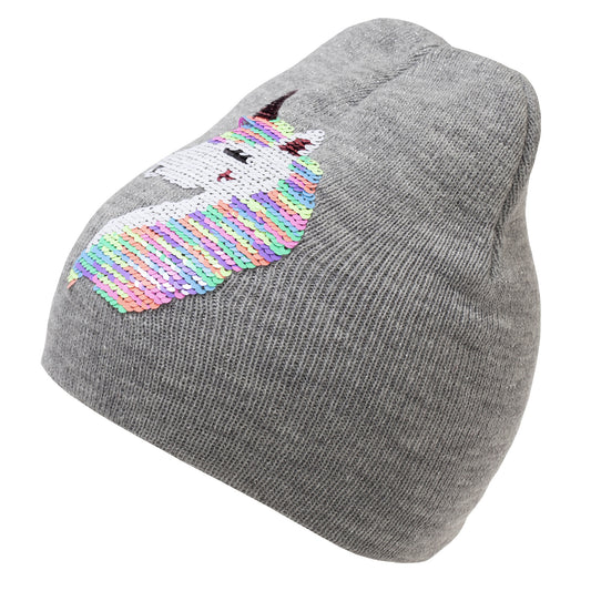 Grey - Front - Childrens Girls Reversible Unicorn Sequins Beanie Hat