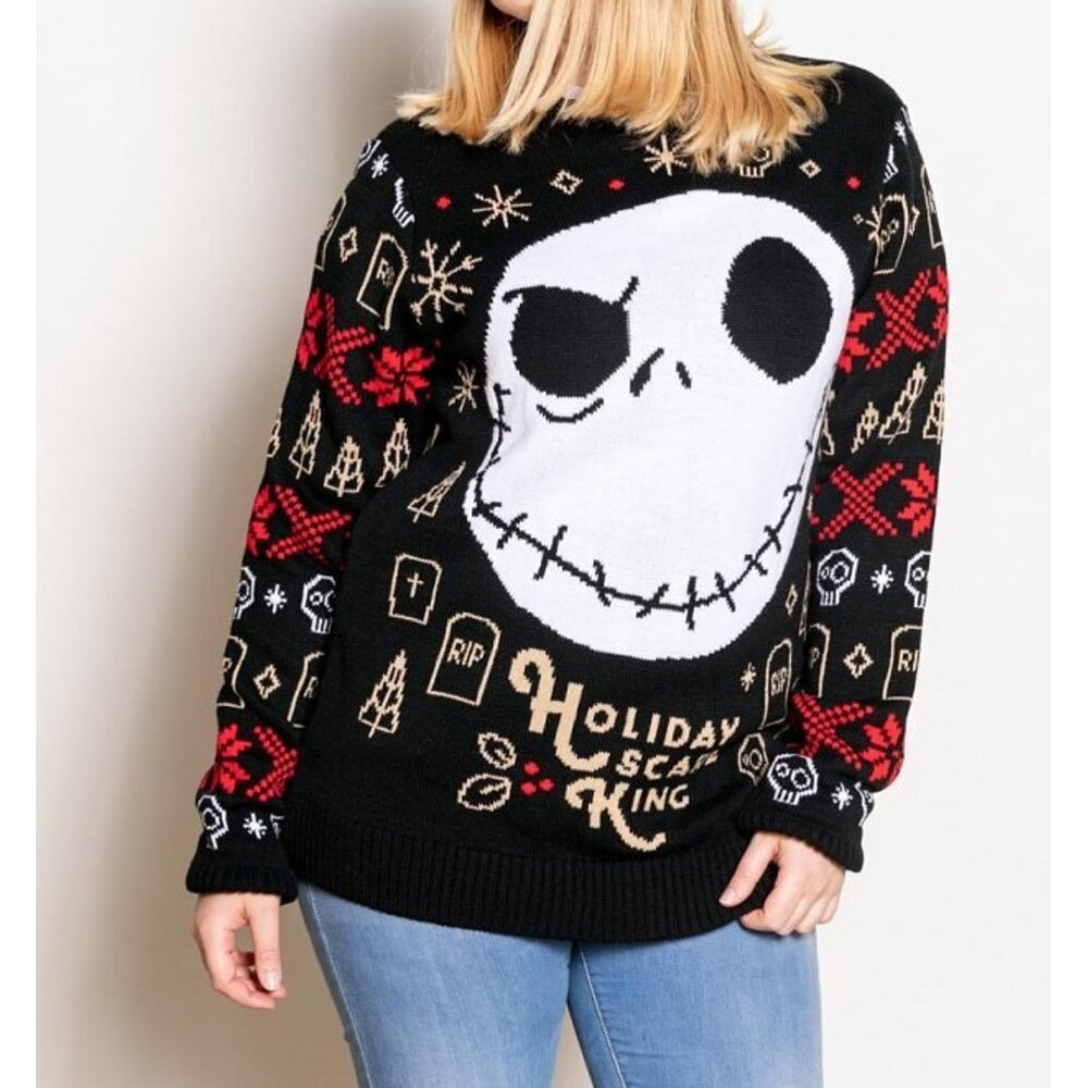 Black-White-Gold-Red - Back - Nightmare Before Christmas Unisex Adult Holiday Scare King Knitted Sweatshirt