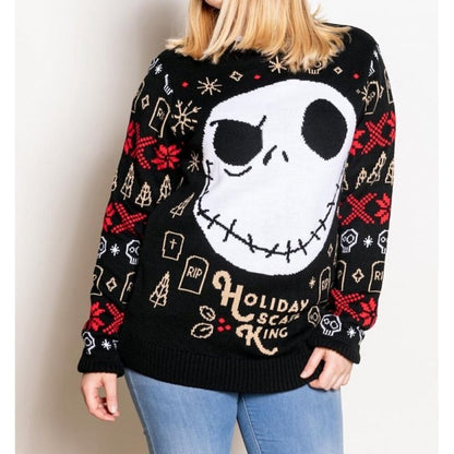 Black-White-Gold-Red - Back - Nightmare Before Christmas Unisex Adult Holiday Scare King Knitted Sweatshirt