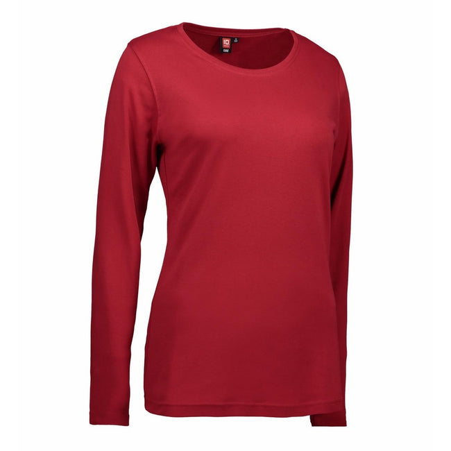 Red - Pack Shot - ID Womens-Ladies Fitted Long Sleeve Interlock T-Shirt