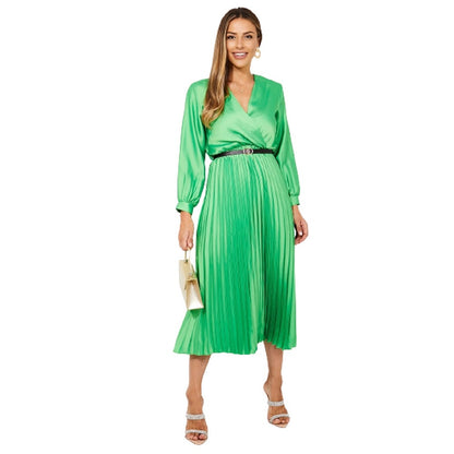 Green - Front - Krisp Womens-Ladies Pleated Satin Wrap Long-Sleeved Midi Dress
