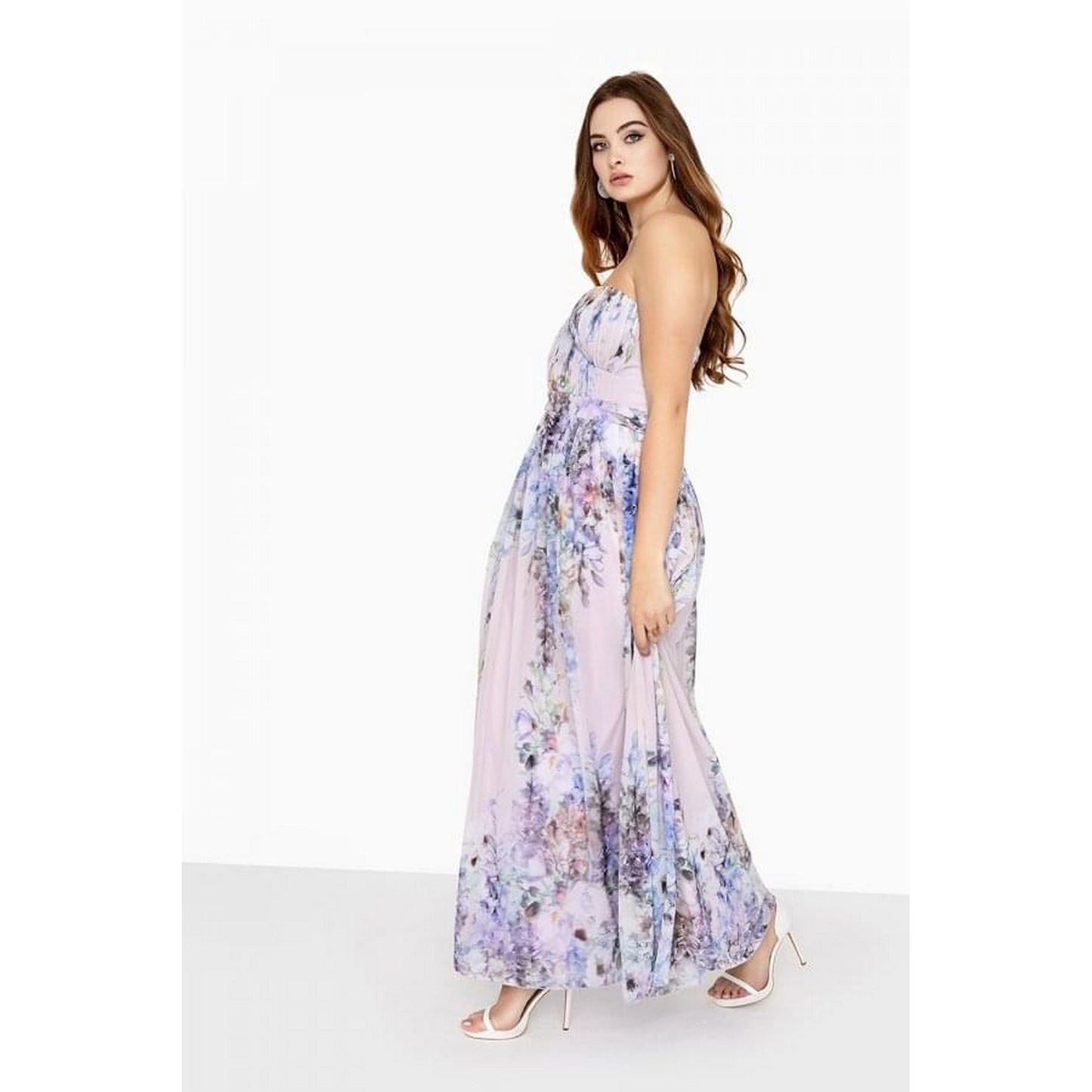 Pink Floral - Pack Shot - Little Mistress Curvy Womens-Ladies Spring Floral Bandeau Maxi Dress