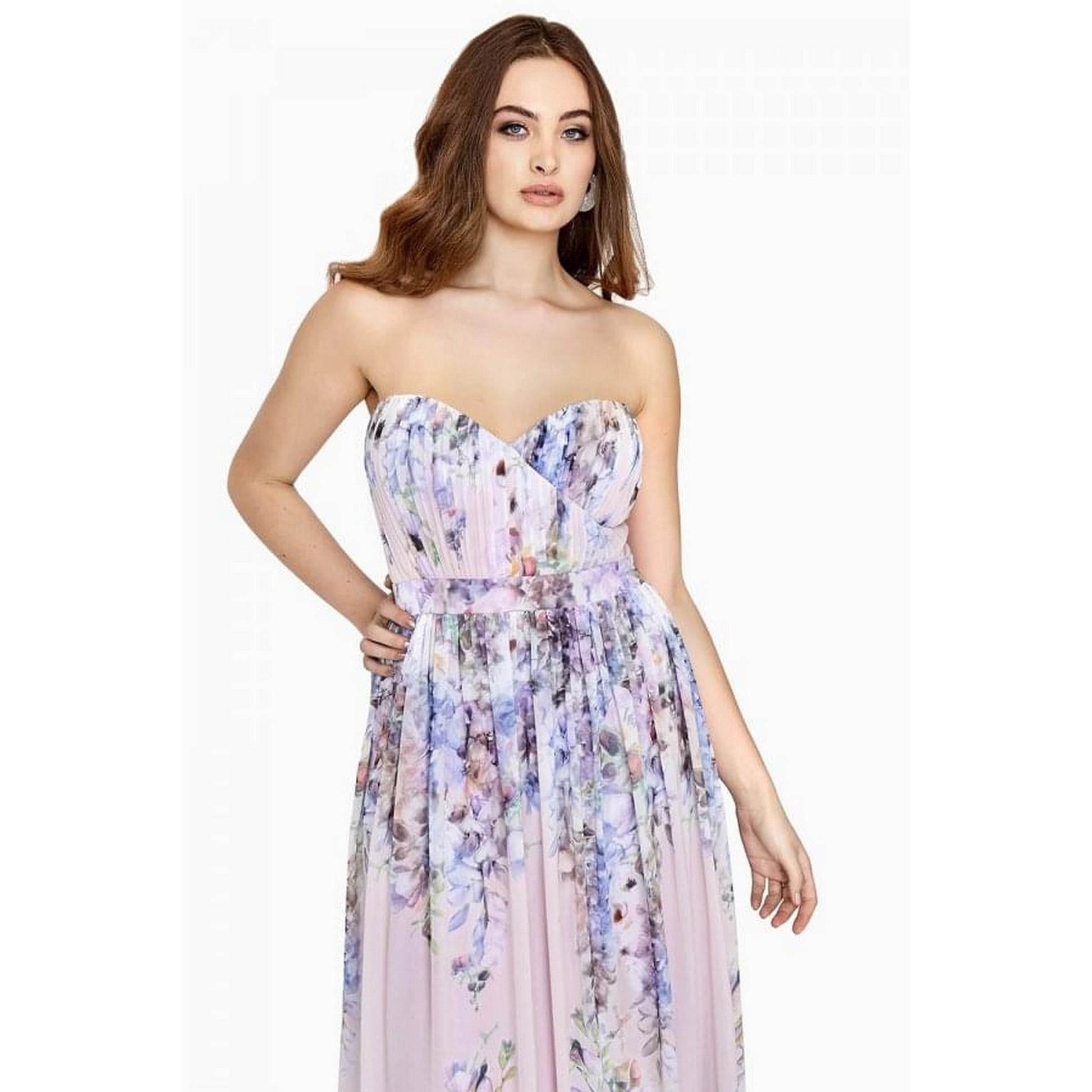 Pink Floral - Close up - Little Mistress Curvy Womens-Ladies Spring Floral Bandeau Maxi Dress
