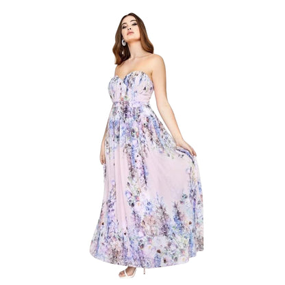 Pink Floral - Front - Little Mistress Curvy Womens-Ladies Spring Floral Bandeau Maxi Dress