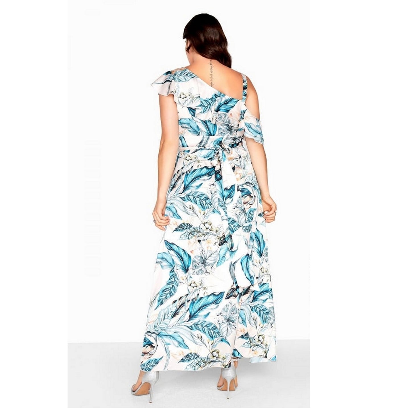 Leaf Print - Back - Little Mistress Curvy Womens-Ladies Frill Wrap Maxi Dress