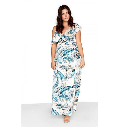 Leaf Print - Front - Little Mistress Curvy Womens-Ladies Frill Wrap Maxi Dress