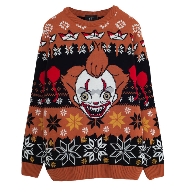Black-Burnt Orange - Front - IT Chapter Two Mens Pennywise Face Knitted Christmas Jumper