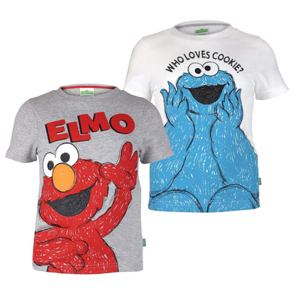 Heather Grey-White - Front - Sesame Street Girls Cookie Monster And Elmo T-Shirt (Pack of 2)