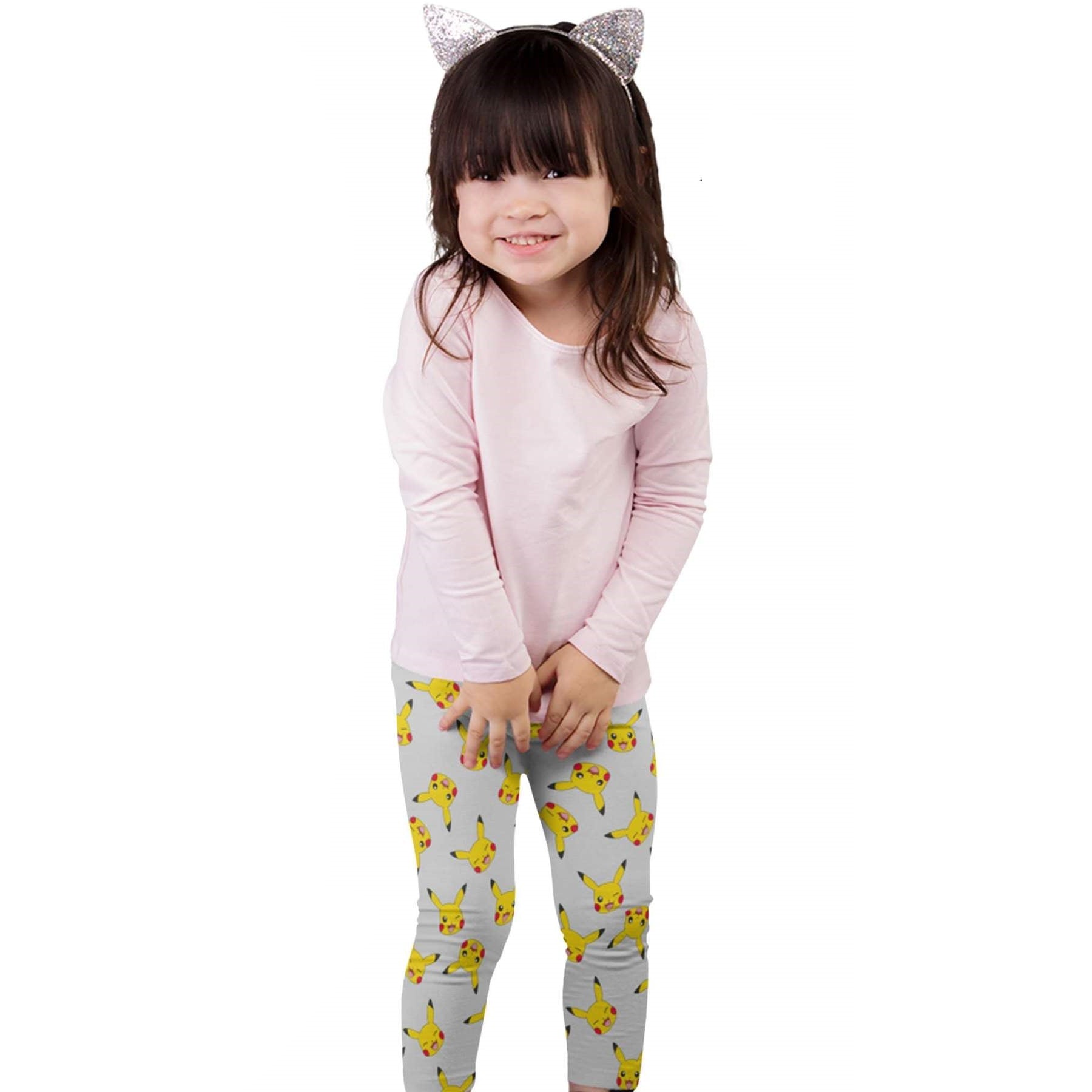 Heather Grey-Yellow - Side - Pokemon Girls Faces Pikachu Leggings