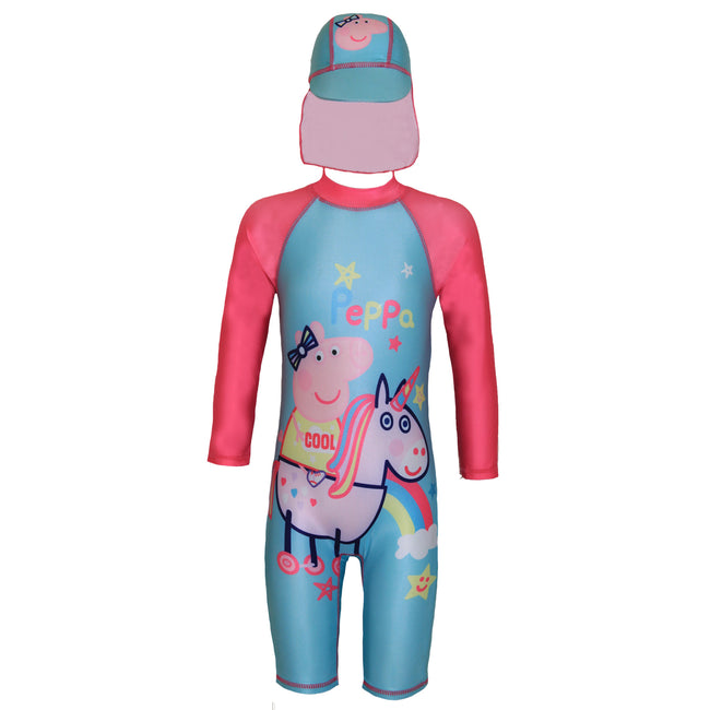 Light Blue-Pink - Front - Peppa Pig Girls Unicorn Sun Protective One Piece Swimsuit Set