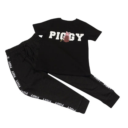 Black - Back - Piggy Girls Baseball Bat Logo T-Shirt & Jogging Bottoms Set