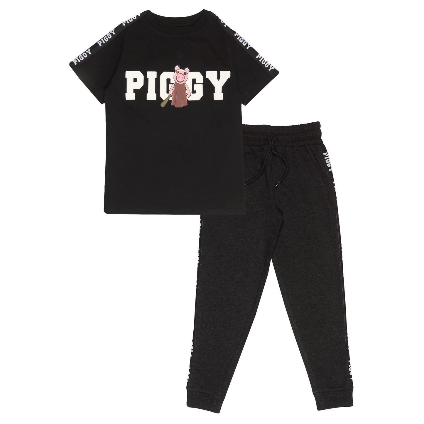 Black - Front - Piggy Girls Baseball Bat Logo T-Shirt & Jogging Bottoms Set