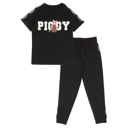 Black - Front - Piggy Girls Baseball Bat Logo T-Shirt & Jogging Bottoms Set