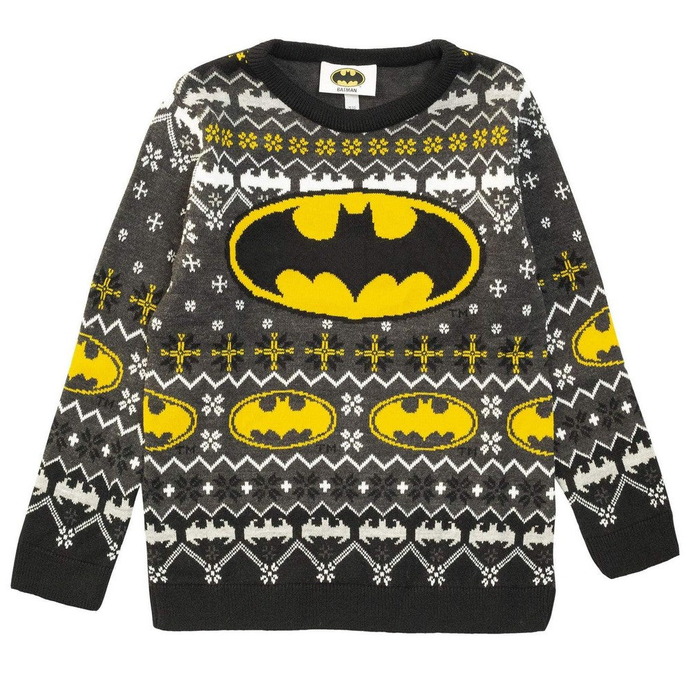 Black-Grey-Yellow - Front - DC Comics Girls Batman Logo Knitted Christmas Jumper