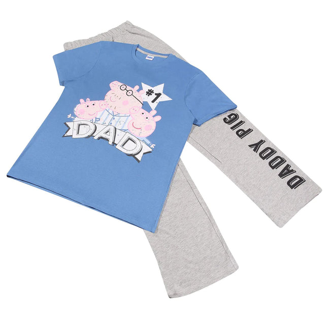 Blue-Heather Grey - Back - Peppa Pig Mens Number 1 Daddy Pig Distressed Pyjama Set
