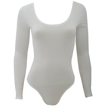 White - Front - American Apparel Womens-Ladies Long Sleeve Double U Neck Cotton Spandex Bodysuit-Leotard