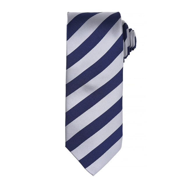 Silver-Navy - Front - Premier Mens Club Stripe Pattern Formal Business Tie